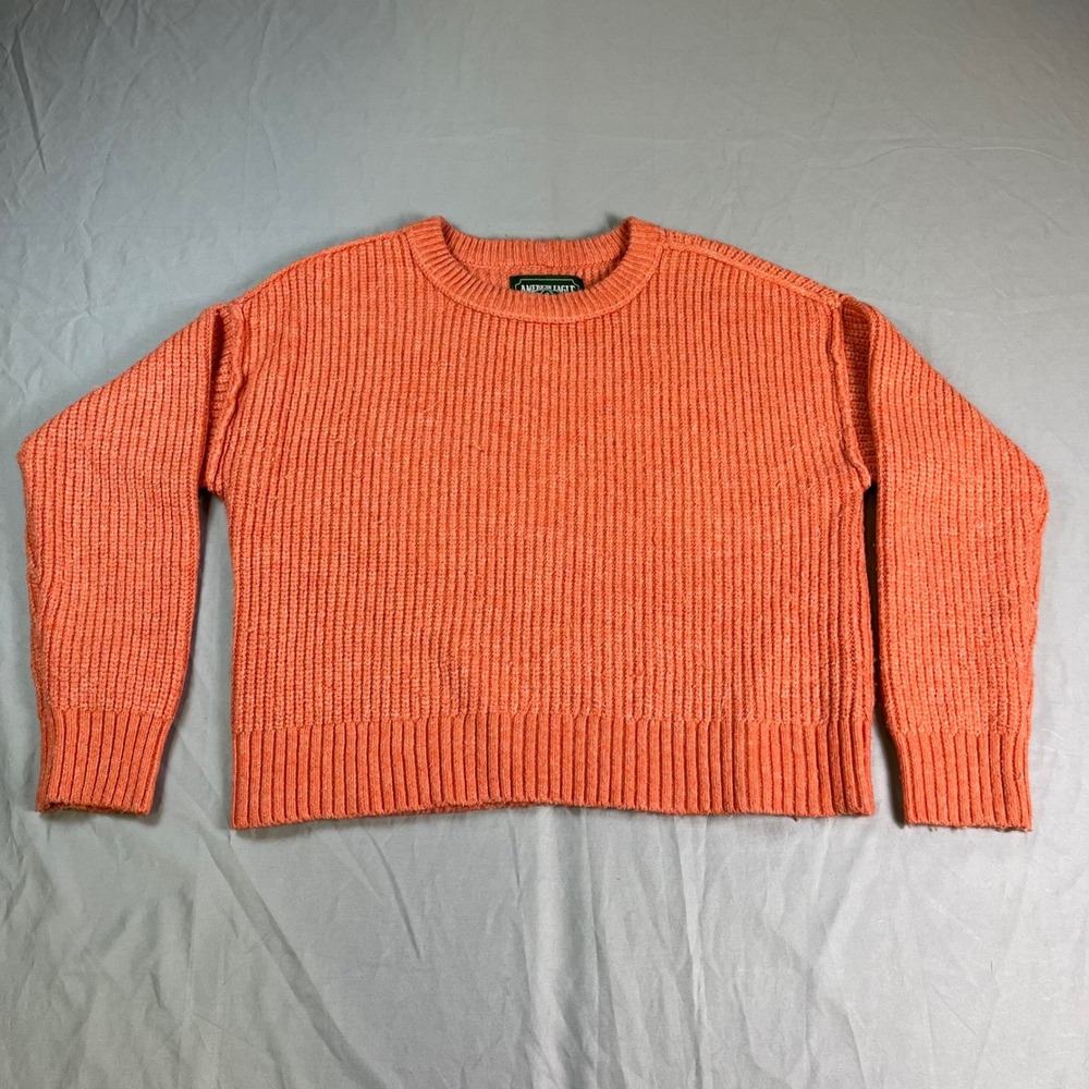 American Eagle Orange Ribbed Knit Crew Neck Sweater Wool Blend Womens Small